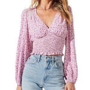 NWT ASTR V-Neck Smocked Waist Long Sleeve Top